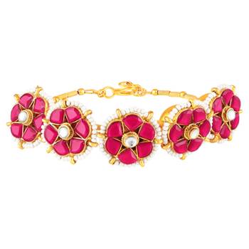 Faux ruby & beads studded fancy floral openable bracelet jewellery for women 2