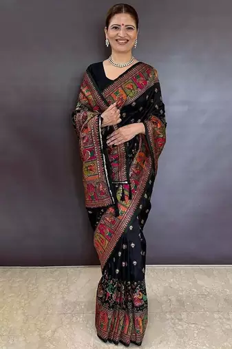 Black floral zari silk blend saree