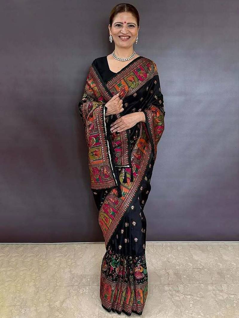 Black floral zari silk blend saree