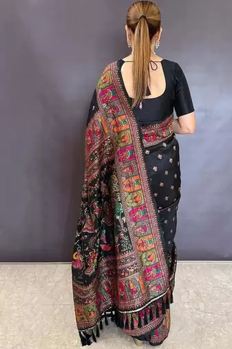 Black floral zari silk blend saree