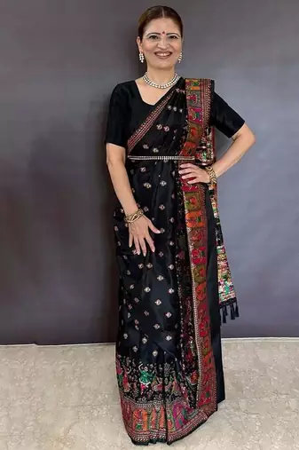 Black floral zari silk blend saree