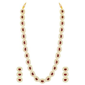 Cubic zirconia & maroon crystal studded long necklace earrings 1