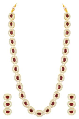 Cubic zirconia & maroon crystal studded long necklace earrings