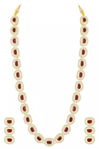 Cubic zirconia & maroon crystal studded long necklace earrings