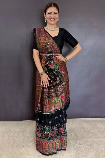 Black floral zari silk blend saree
