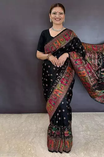 Black floral zari silk blend saree