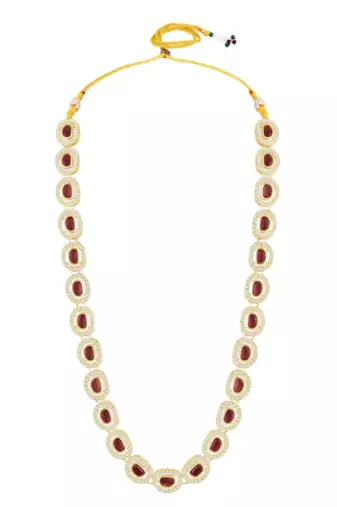 Cubic zirconia & maroon crystal studded long necklace earrings