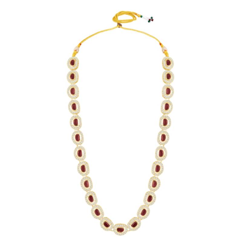 Cubic zirconia & maroon crystal studded long necklace earrings