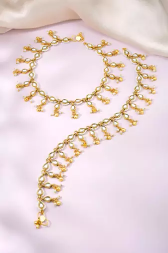 White kundan & beads studded ethnic anklet traditional payal jewellery gift for women