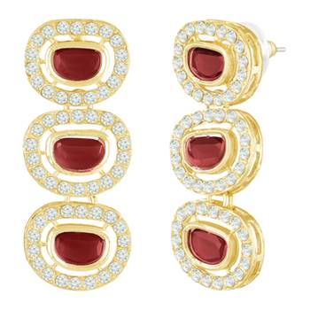 Cubic zirconia & maroon crystal studded long necklace earrings 3