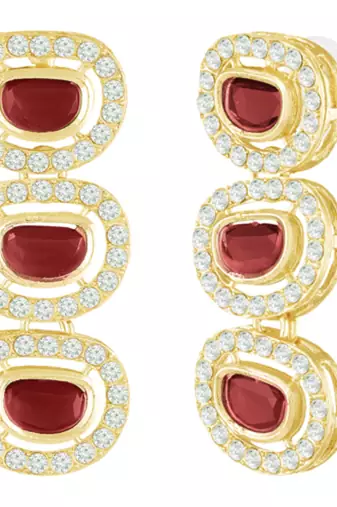 Cubic zirconia & maroon crystal studded long necklace earrings