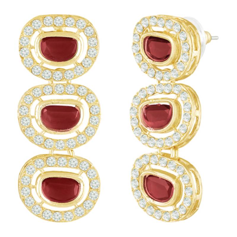 Cubic zirconia & maroon crystal studded long necklace earrings