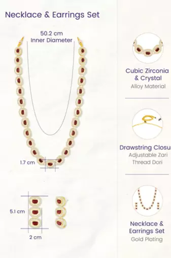 Cubic zirconia & maroon crystal studded long necklace earrings