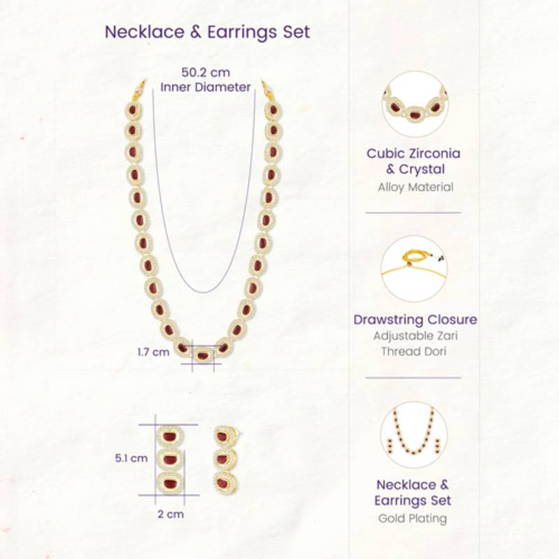 Cubic zirconia & maroon crystal studded long necklace earrings