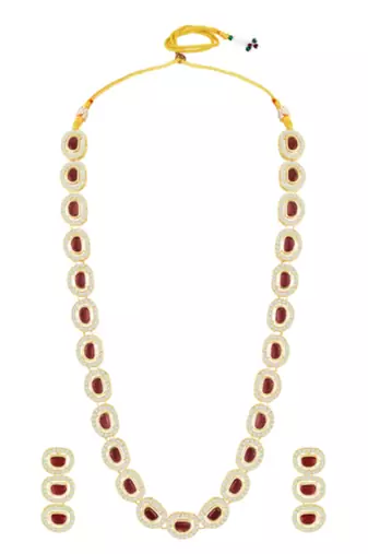 Cubic zirconia & maroon crystal studded long necklace earrings