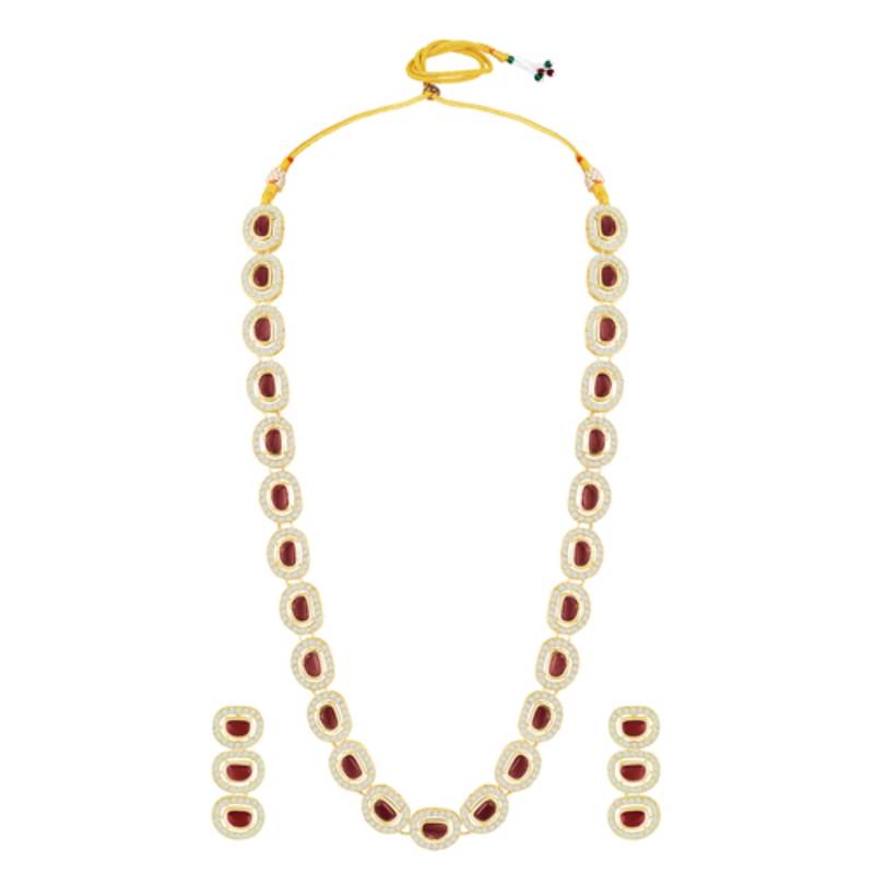 Cubic zirconia & maroon crystal studded long necklace earrings