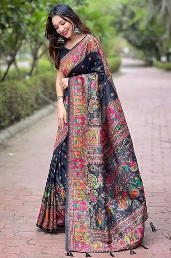 Black woven design silk blend saree