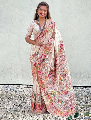 Cream kalamkari silk blend saree 1
