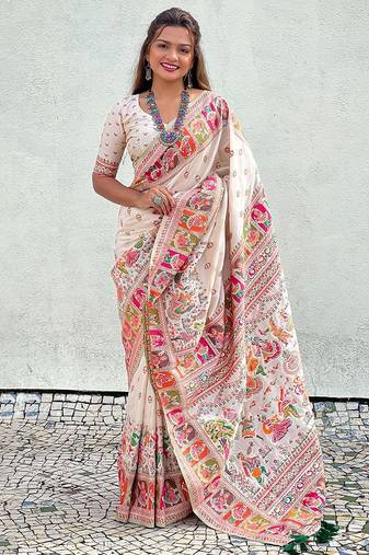 Cream kalamkari silk blend saree