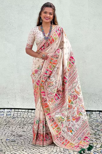 Cream kalamkari silk blend saree