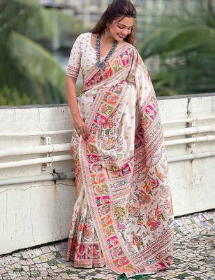 Cream kalamkari silk blend saree 2