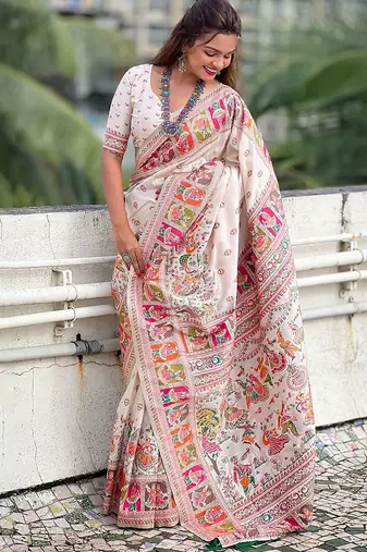 Cream kalamkari silk blend saree