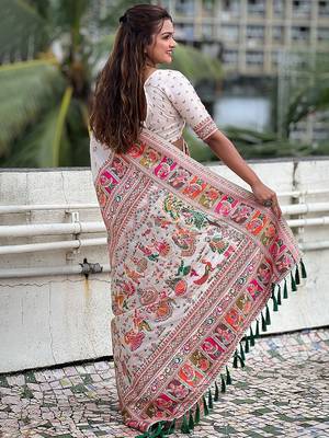 Cream kalamkari silk blend saree 3