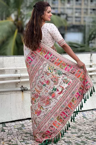 Cream kalamkari silk blend saree