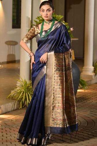 Navy blue blue woven design designer saree with contrast border