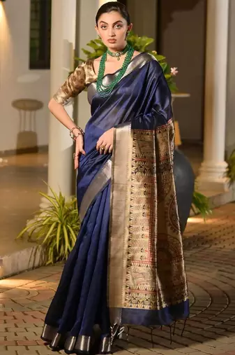 Navy blue blue woven design designer saree with contrast border