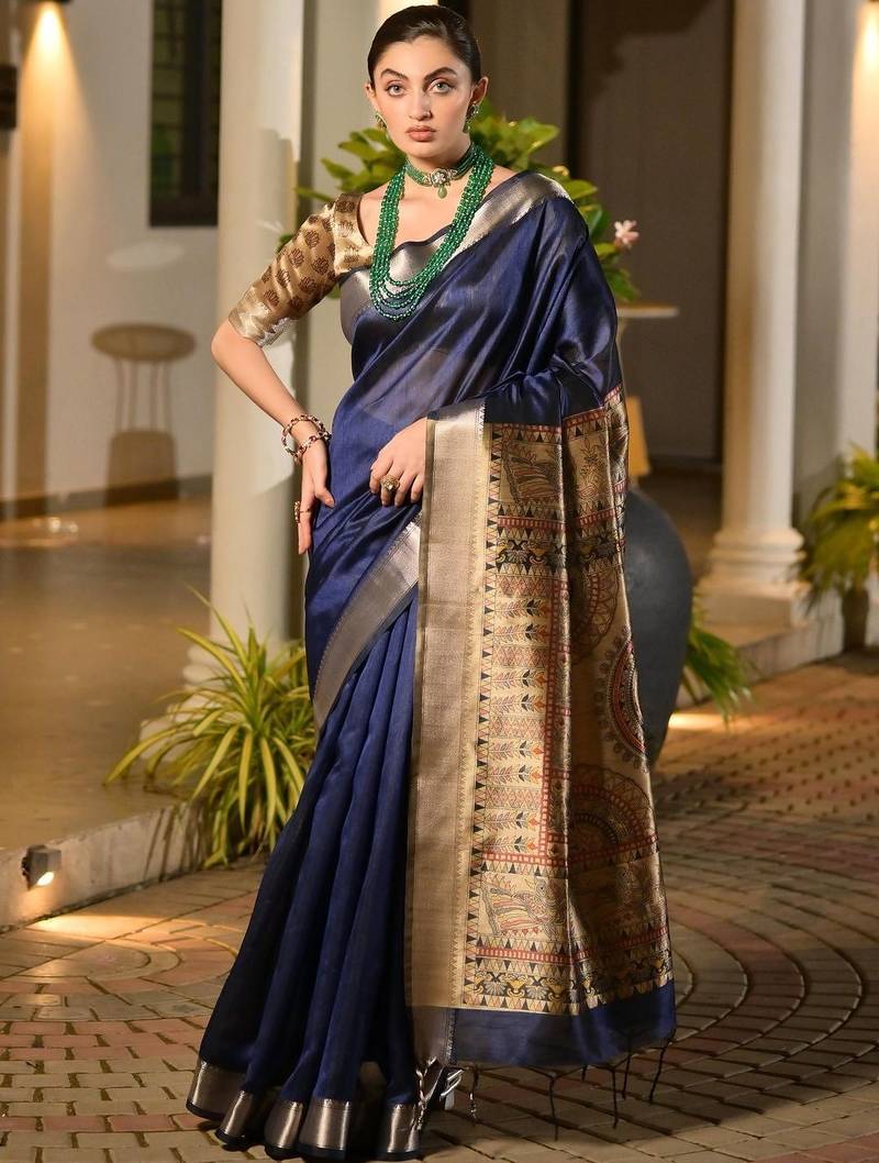 Navy blue blue woven design designer saree with contrast border