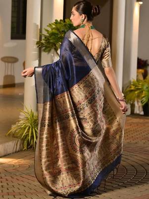 Navy blue blue woven design designer saree with contrast border 2