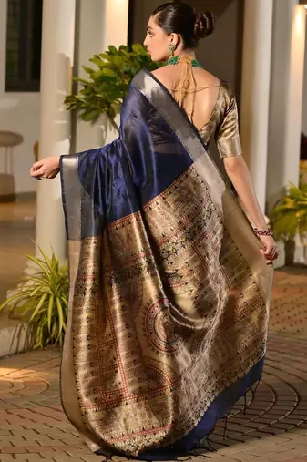 Navy blue blue woven design designer saree with contrast border