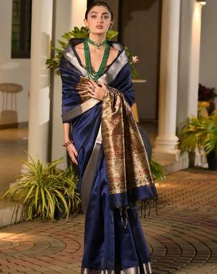 Navy blue blue woven design designer saree with contrast border 3