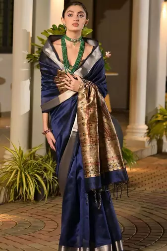 Navy blue blue woven design designer saree with contrast border