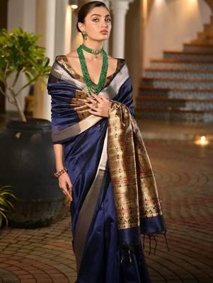 Navy blue blue woven design designer saree with contrast border 4