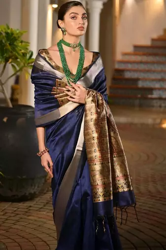 Navy blue blue woven design designer saree with contrast border