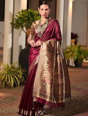 Maroon maroon woven designer saree with contrast border 1
