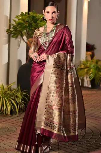 Maroon maroon woven designer saree with contrast border