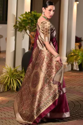 Maroon maroon woven designer saree with contrast border