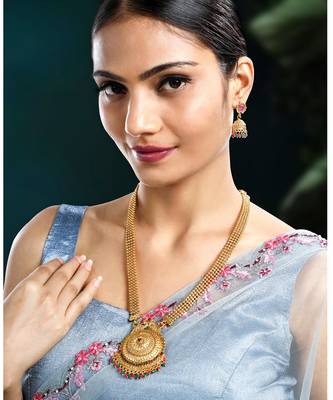 Women's gold toned rani pink & green synthetic stone studded long maharani 1