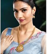 Women's gold toned rani pink & green synthetic stone studded long maharani