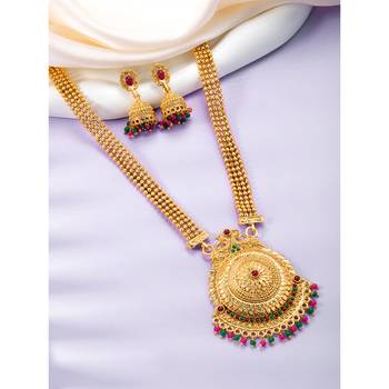 Women's gold toned rani pink & green synthetic stone studded long maharani 2