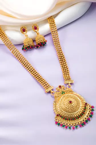 Women's gold toned rani pink & green synthetic stone studded long maharani