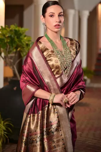 Maroon maroon woven designer saree with contrast border
