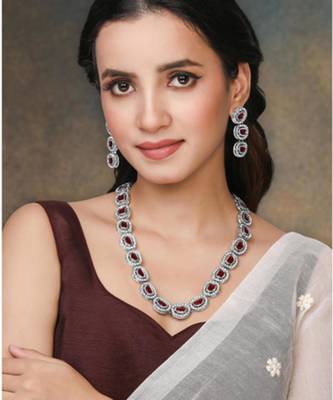 Silver plated maroon cubic zirconia & synthetic stone studded 1