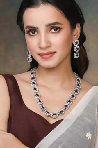 Silver plated maroon cubic zirconia & synthetic stone studded