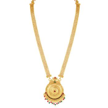 Women's gold toned rani pink & green synthetic stone studded long maharani 3