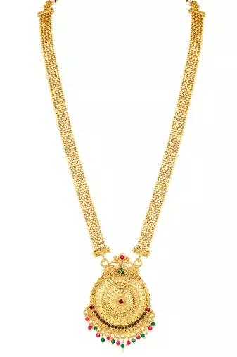 Women's gold toned rani pink & green synthetic stone studded long maharani