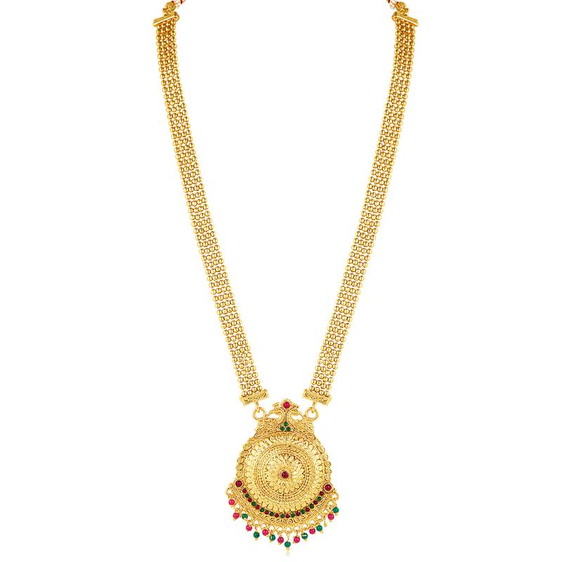 Women's gold toned rani pink & green synthetic stone studded long maharani